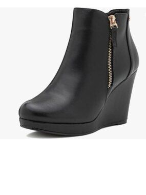 miss left Black Wedge Ankle Boots Round Toe Double Zippers High Heel Booties